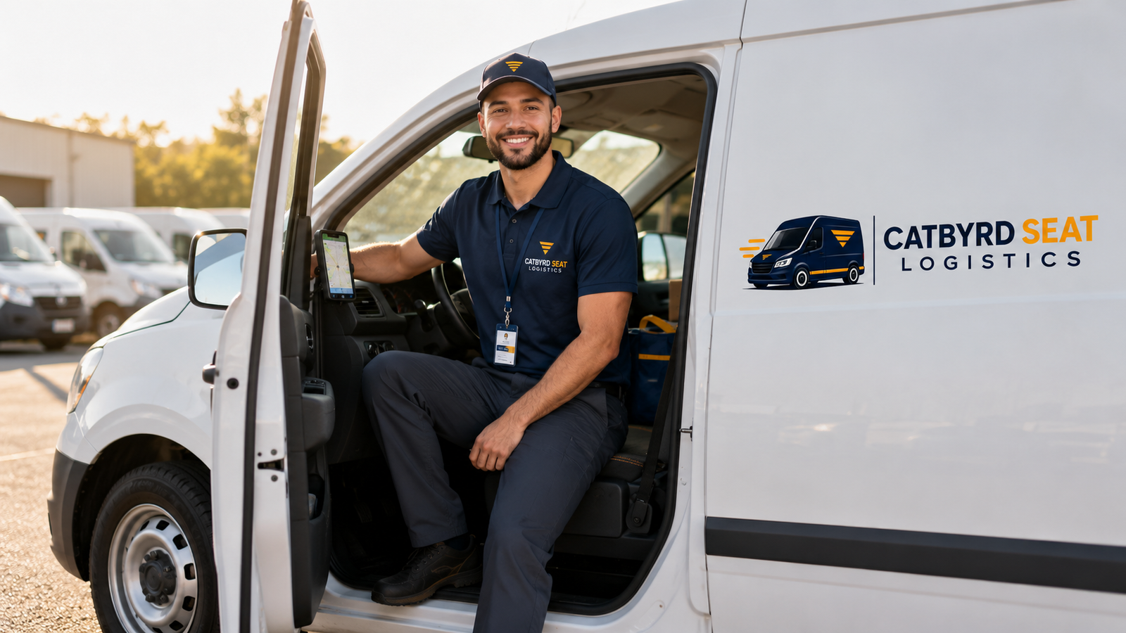 Catbyrd Seat Logistics delivery associate preparing to start a local route beside a branded delivery van
