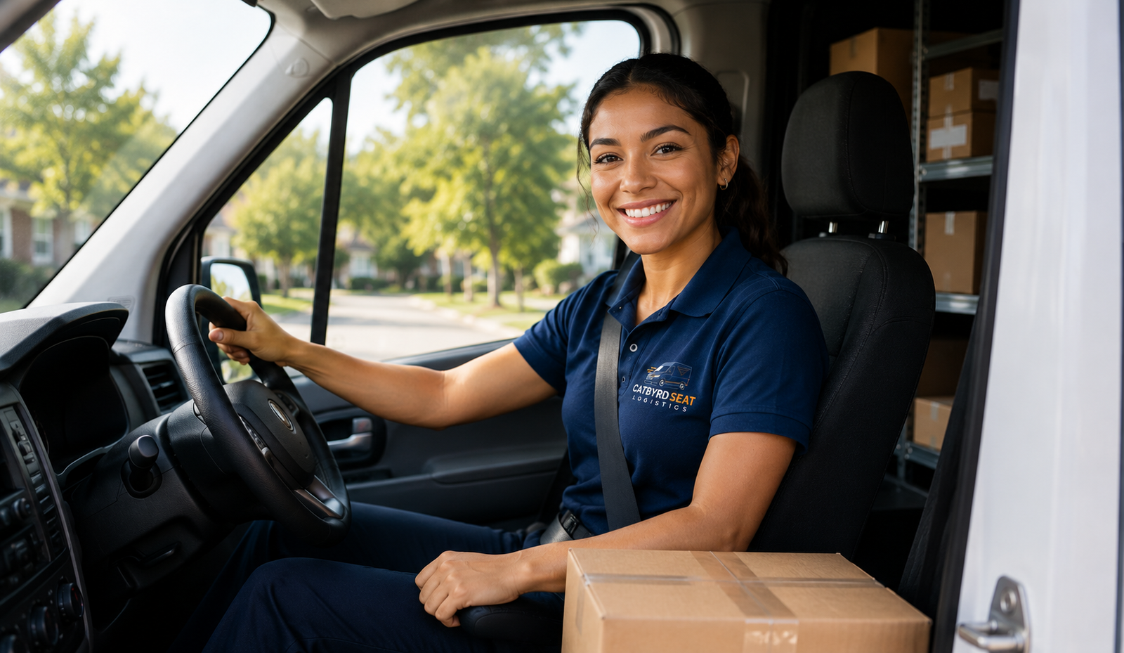 Catbyrd Seat Logistics delivery associate seated in a delivery van cab