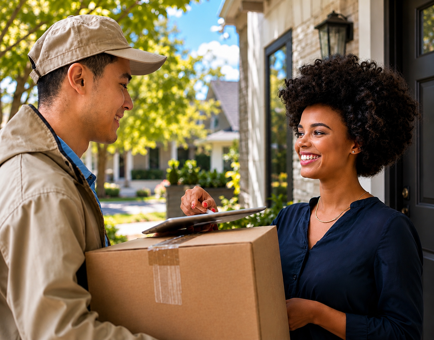 Catbyrd Seat Logistics delivery associate completing a friendly residential delivery